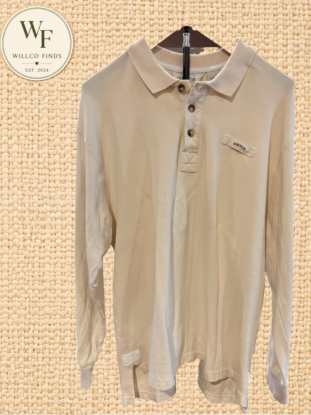 Orvis Men’s Long Sleeve Polo Shirt Large Cream 100% Cotton Outdoor Casual